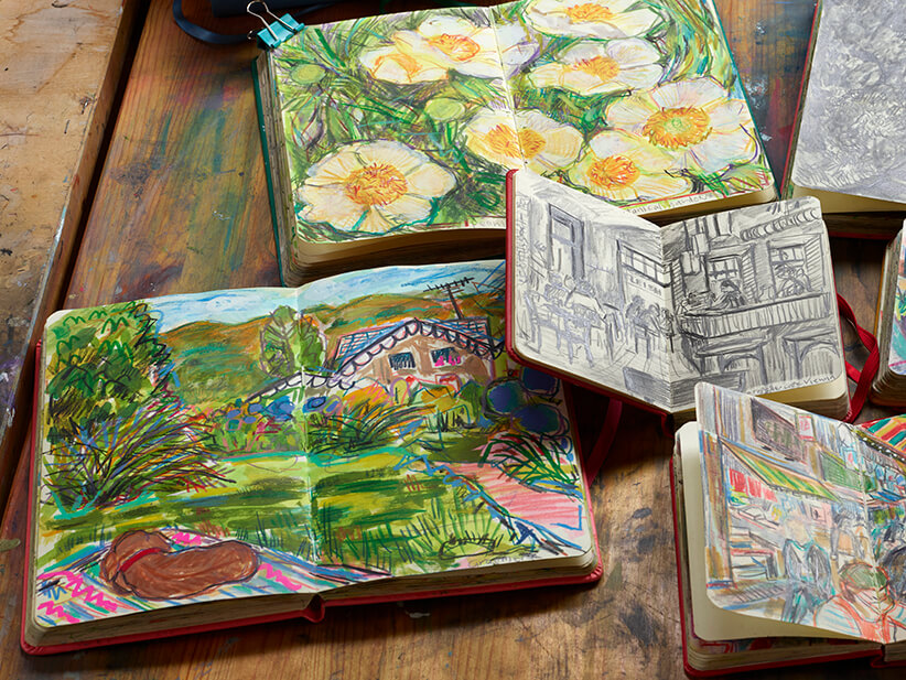 Sketchbooks by tutor Sam Marshall for creative retreats in South West France.