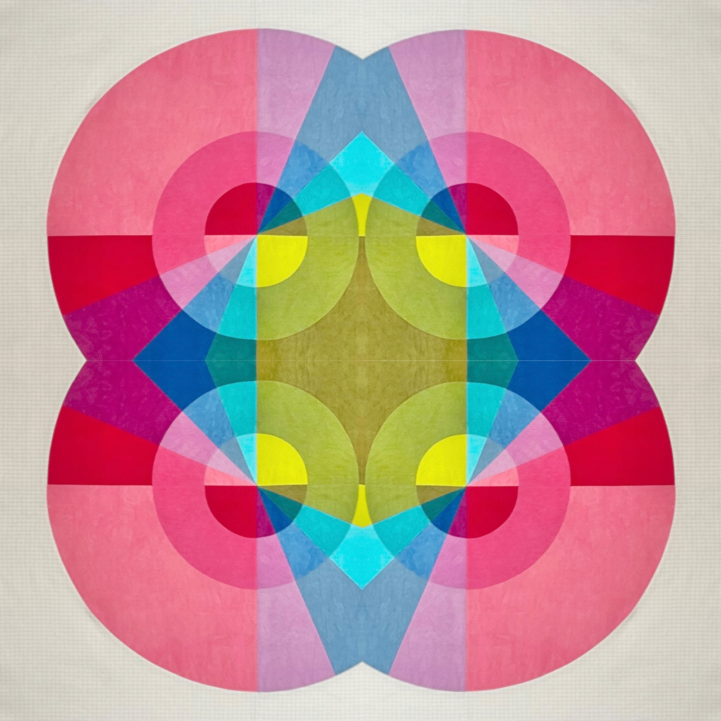 Artwork by Jenny Haynes, quilting, pink, yellow and blue patterns.