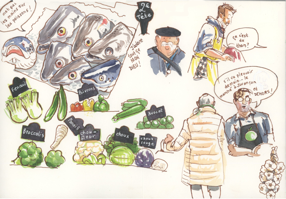 Artist sketch by Róisín Curé - market scene with fish heads.