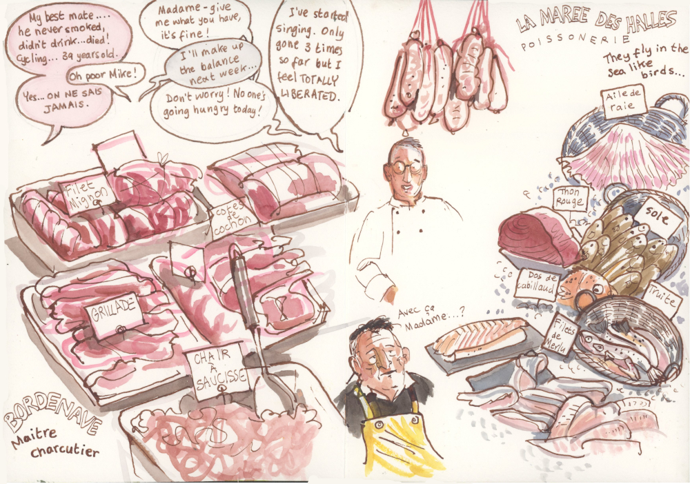 Artist sketch by Róisín Curé - market scene with meat.