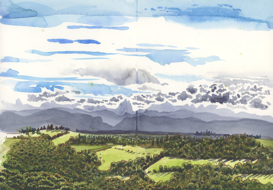 Artist sketch by Róisín Curé - view Pyrenees mountains.