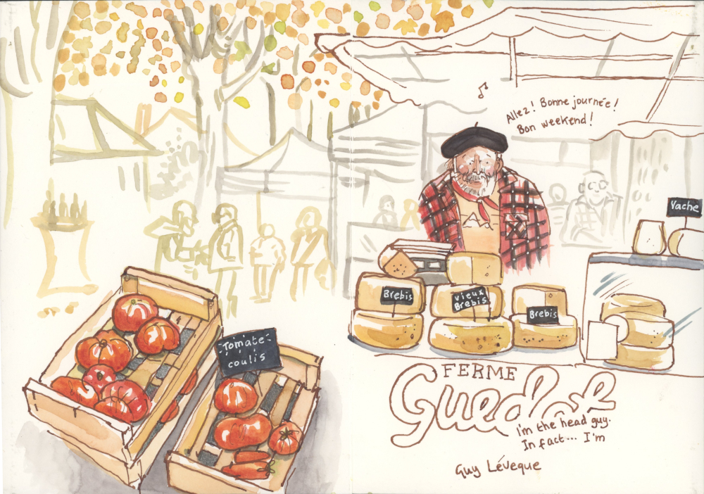 Artist sketch by Róisín Curé - market scene with man and cheese.