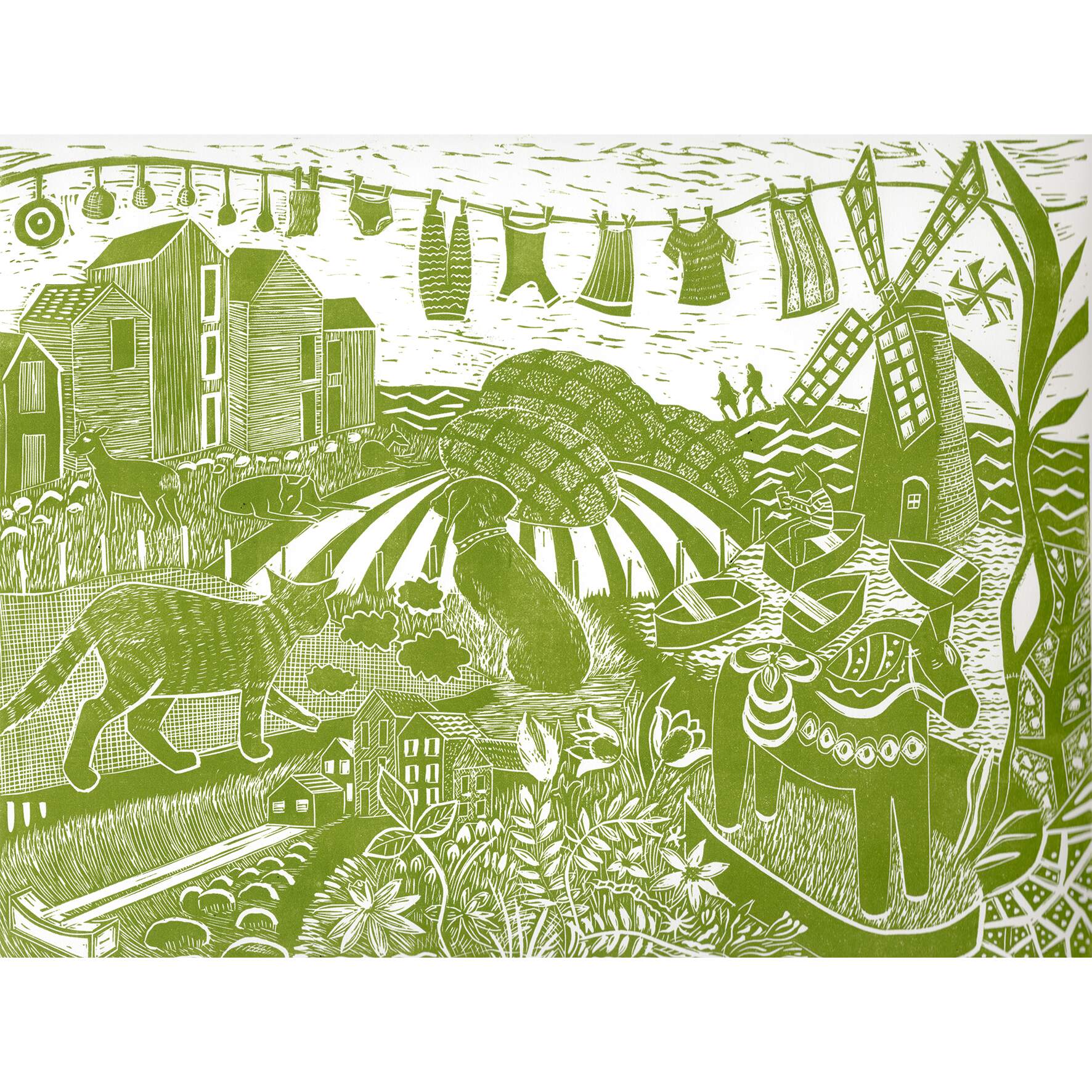 Artwork by artist Sam Marshall - lino cut print in green.