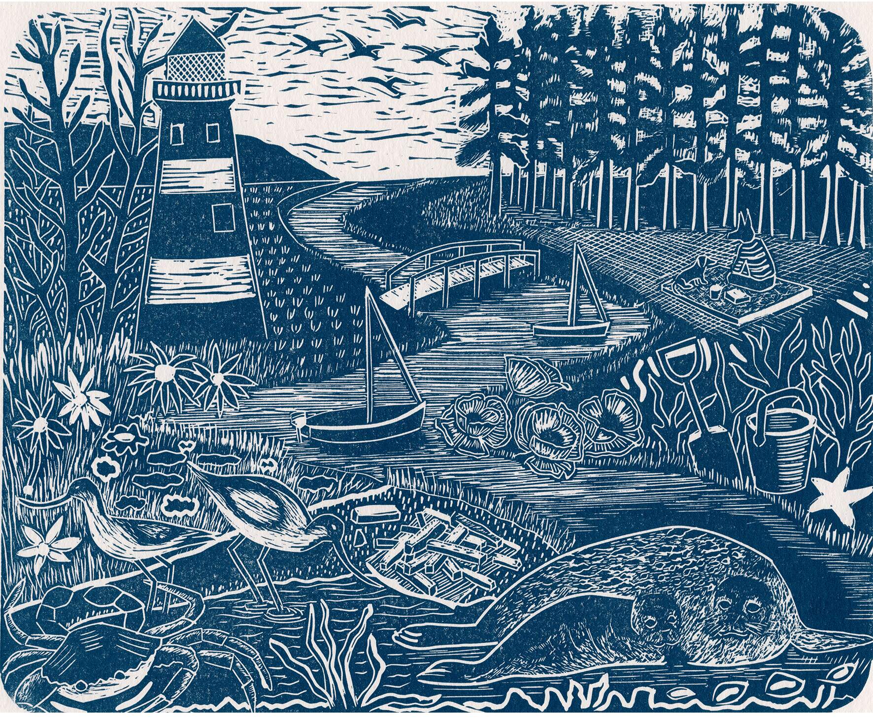 Linocut print by Sam Marshall - Norfolk in blue.