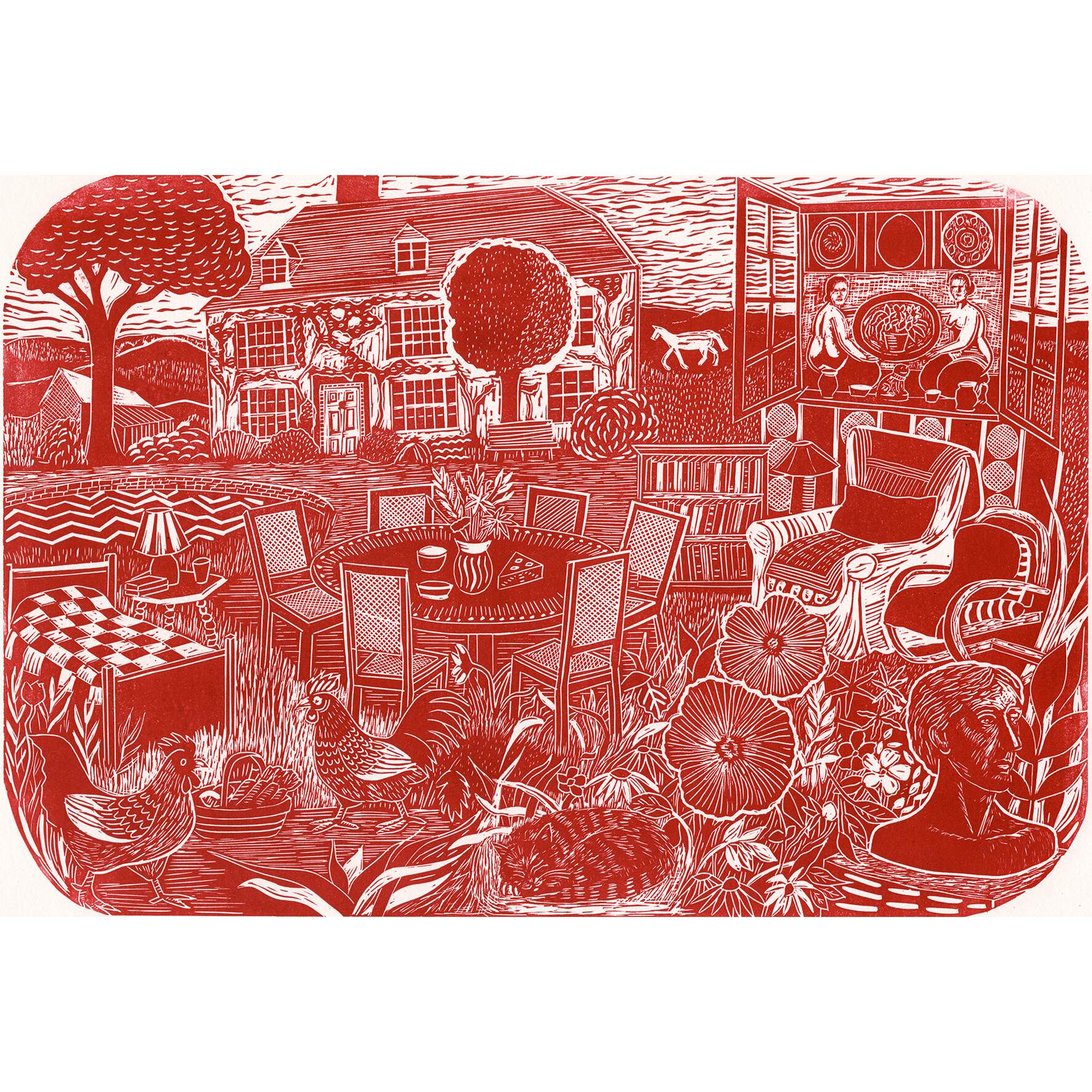 Artworks lino cut print of house and garden Charleston in red by Sam Marshall.