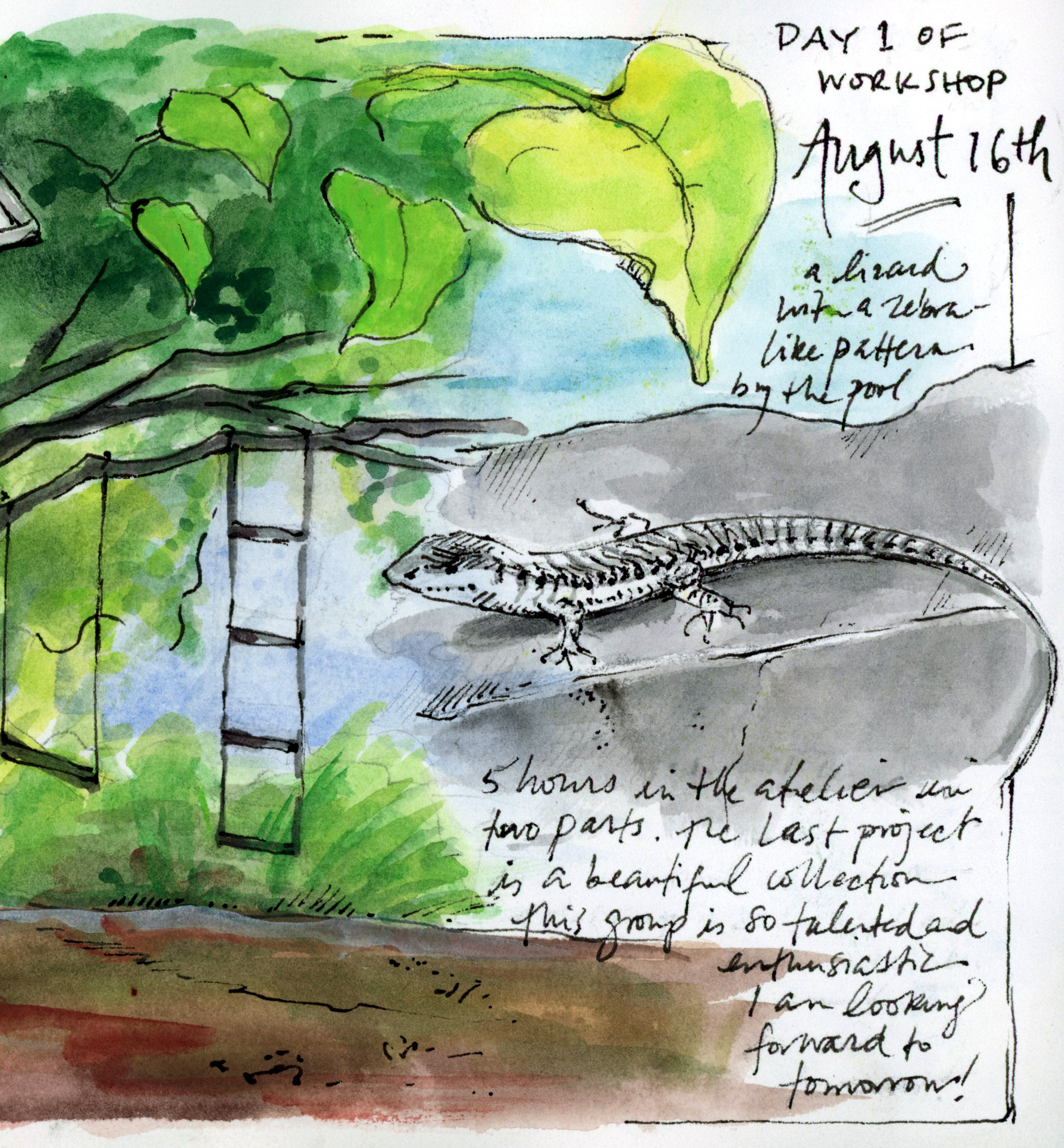Illustration of lizard, swings and tree by Samantha Dion Baker.