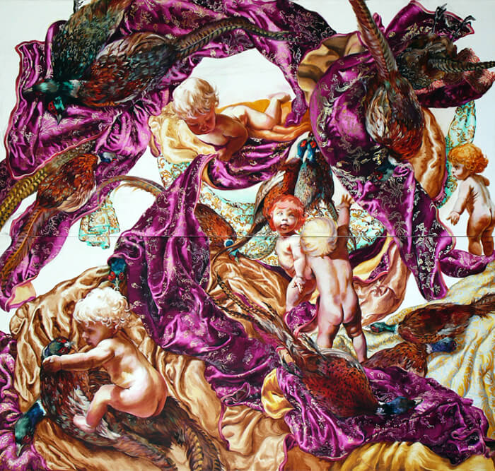 Artwork by international female artist Sala Lieber. Painting of nude cherubs and pheasants in a baroque scene. 