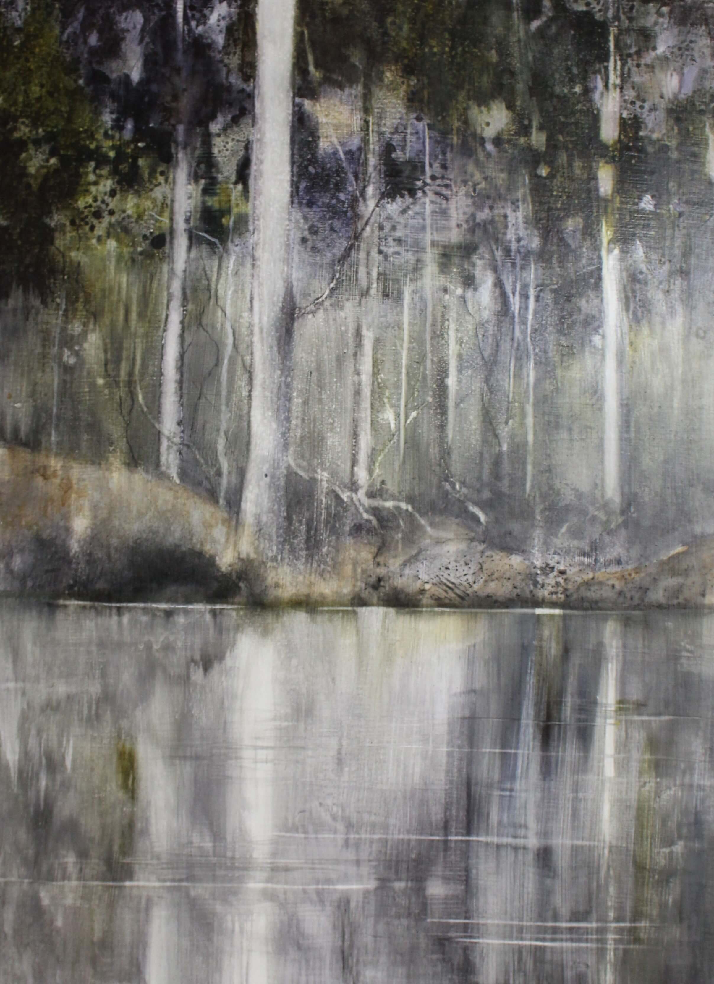 Trees with river in foreground, watercolour grey tones.