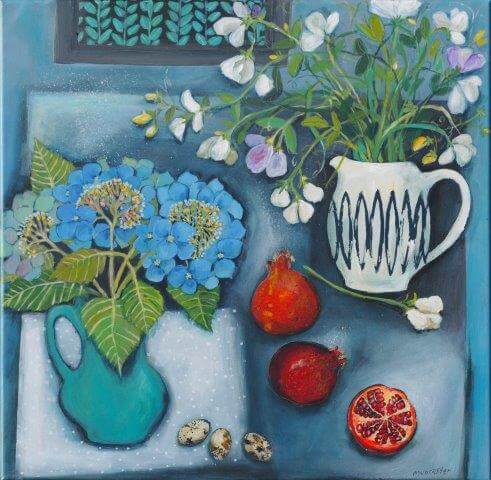 Still life painting, garden flowers in vase and pomegranates, work of artist Jenny Muncaster who is running a painting workshop in 2023 at Atelier Clos Mirabel France.