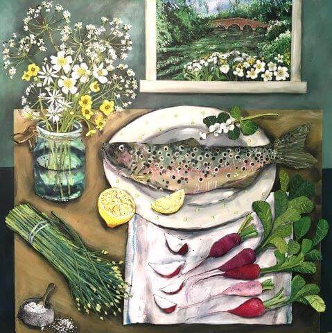 Still life painting by Jenny Muncaster, artist and tutor at Atelier Clos Mirabel France. Garden flowers in jam jar, trout on plate.