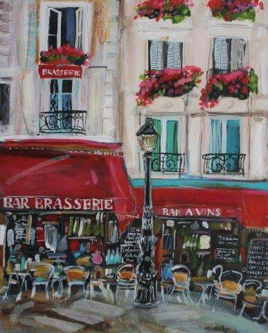 Street scene french brasserie, artwork by artist Jenny Muncaster tutor Clos Mirabel Painting Holidays France.