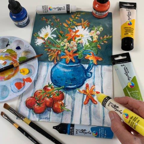 Demo of still life flowers, painting holidays tutor Jenny Muncaster France.