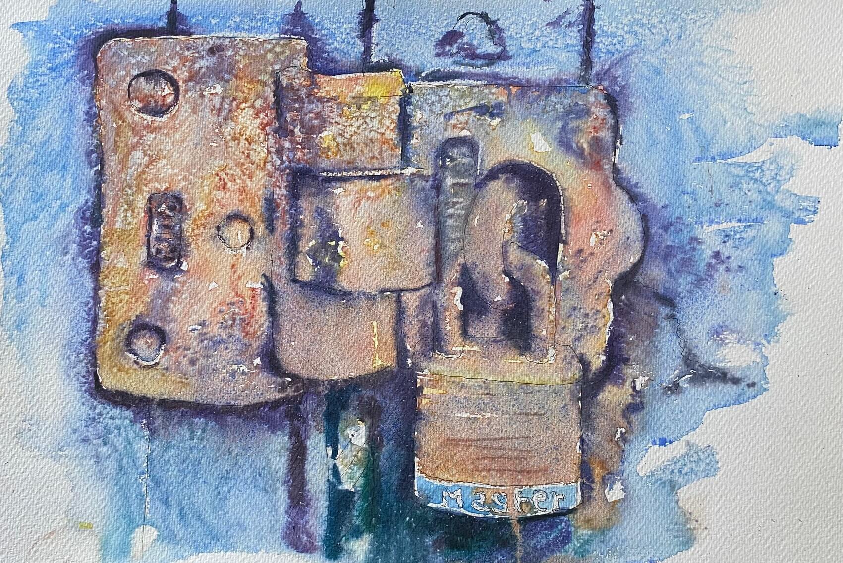 Painting of a lock and padlock in watercolour by artist and painting holidays tutor Anthony Barrow.