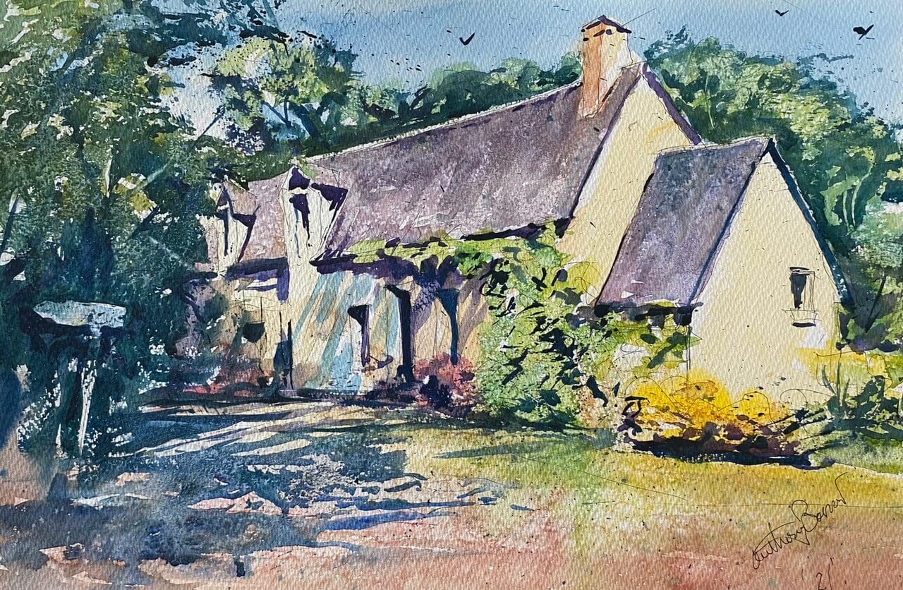 Painting of a rustic country house and garden by painting holiday tutor Anthony Barrow. 