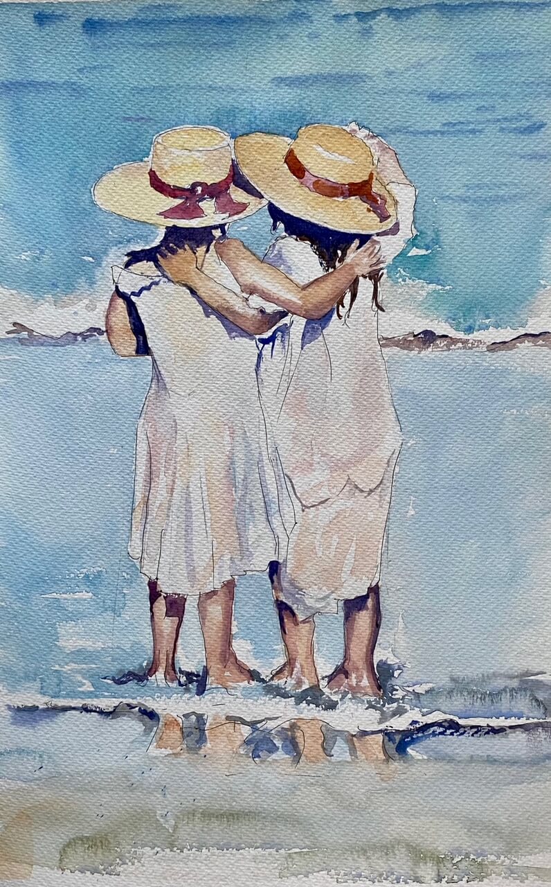 Painting of two girls on a beach wearinghats by painting holiday tutor Anthony Barrow.