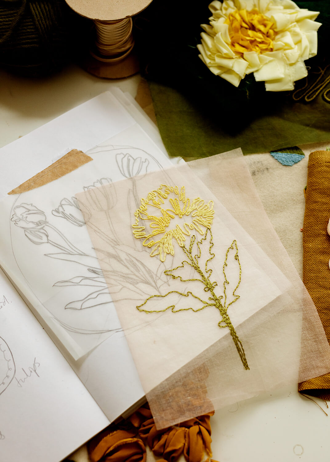 Detail of embroidered flower by workshop tutor Lora Avedian, France.