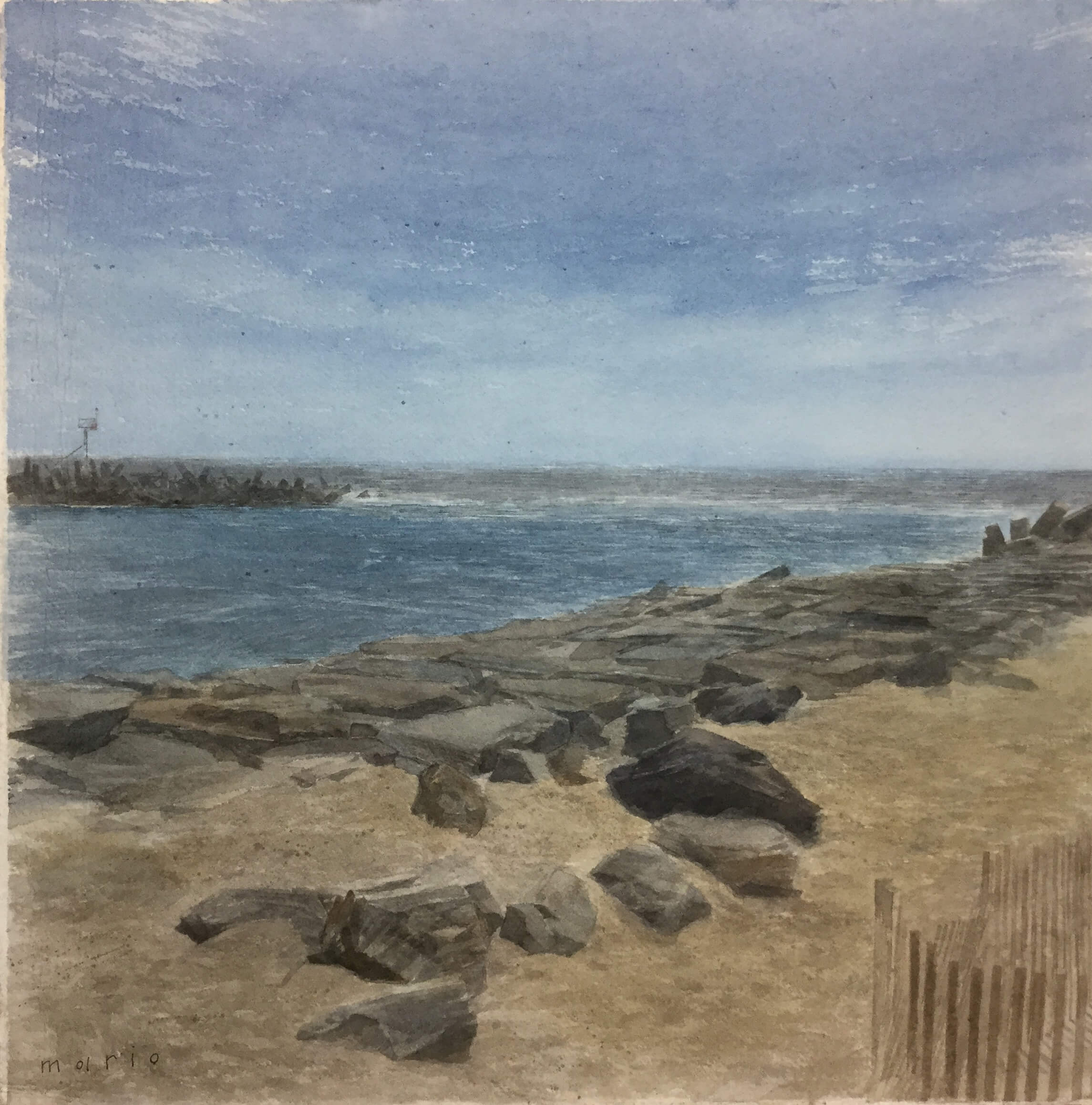 Painting of the shoreline with sand, rocks and sea by artist and tutor Mario Andres Robinson.