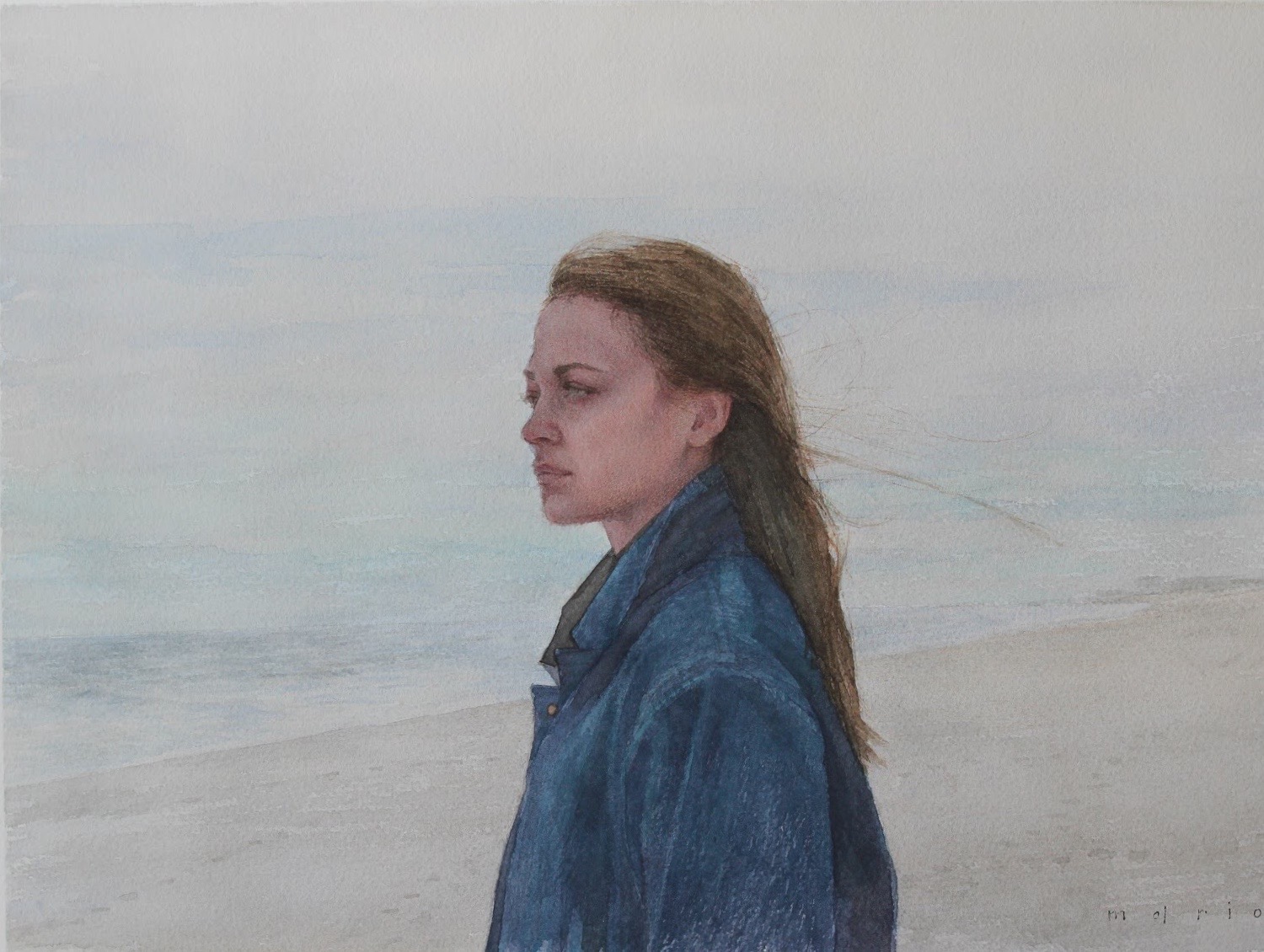 Painting of a woman with long hair wearing a blue coat at the beach bu artist and workshop tutor Mario Andres Robinson.
