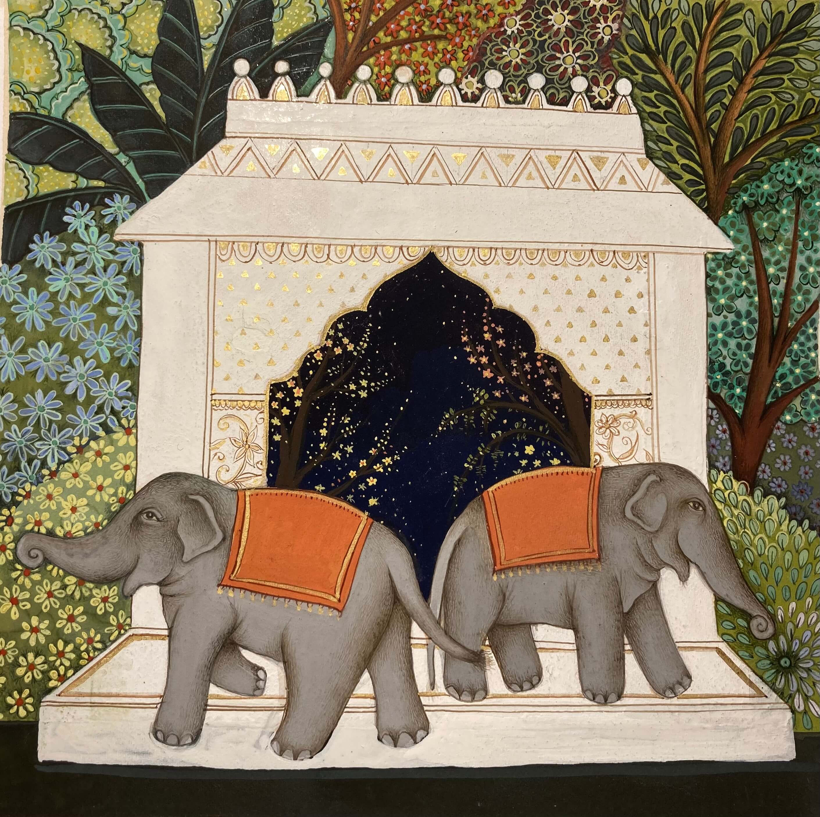 Painting by artist Samantha Buckley in Indian miniature style of two elephants next to a a temple.