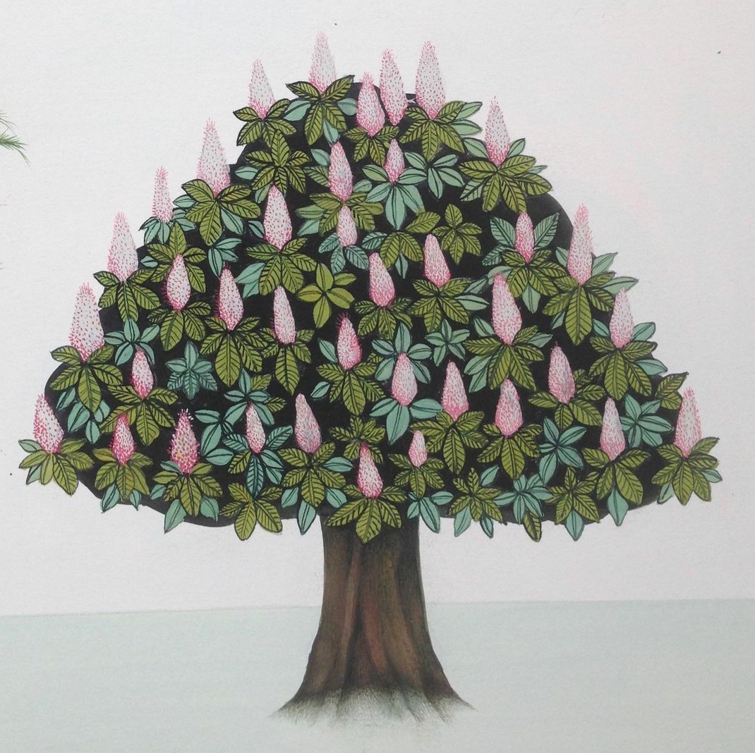 Painting of a tree with green leaves and pink cones by artist and workshop tutor Samantha Buckley.