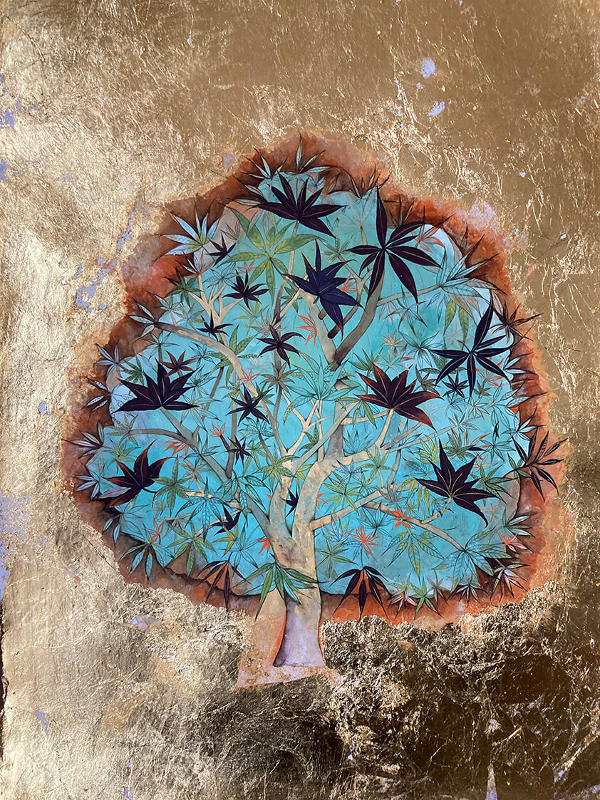 Blue tree on on rose gold background indian miniature style artwork by Samantha Buckley.