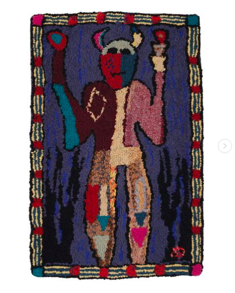 Hooked rug design of a figure with horns by Graham Hollick.