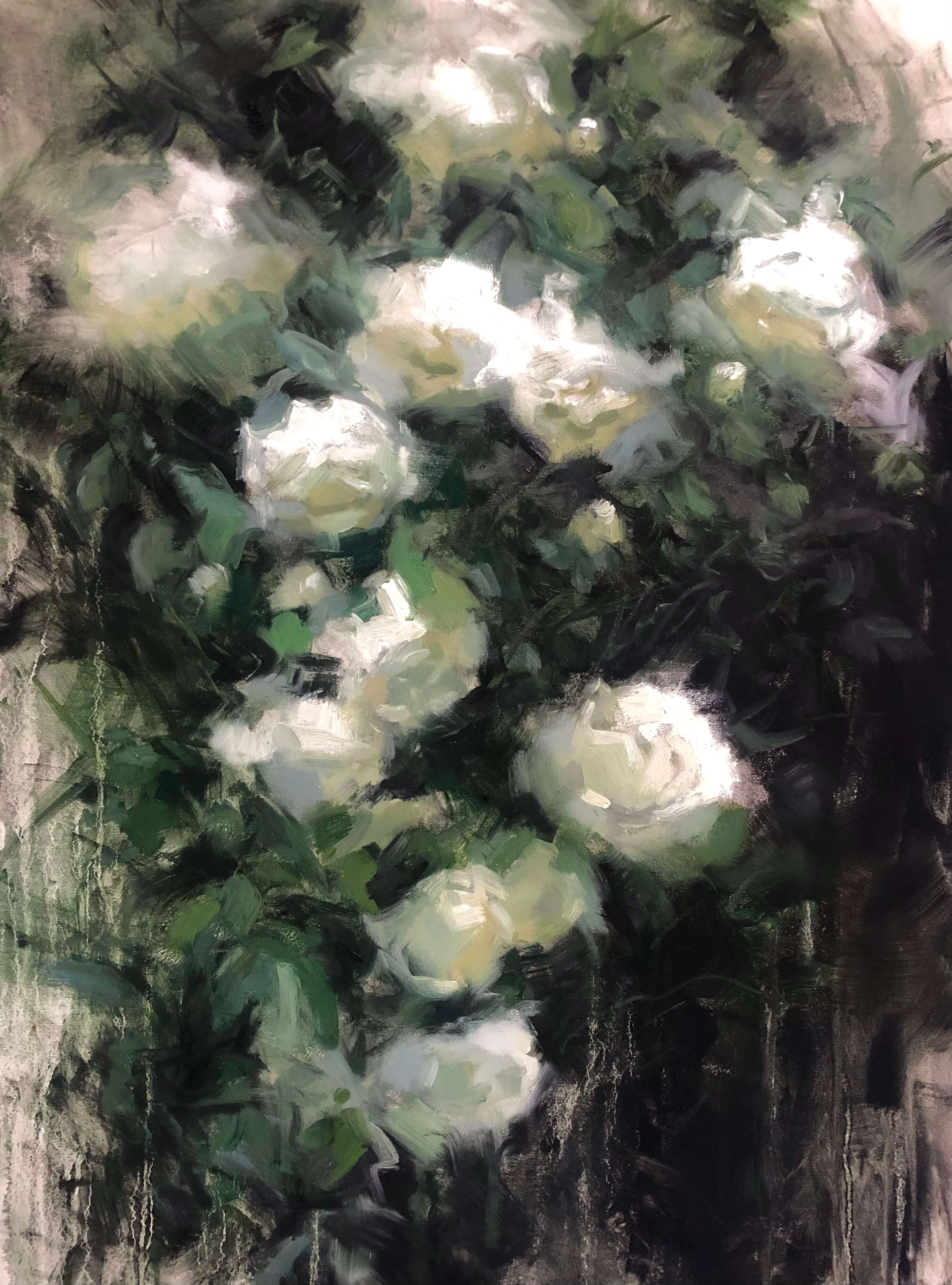 Painting of white roses by painting holidays tutor Peter Keegan.