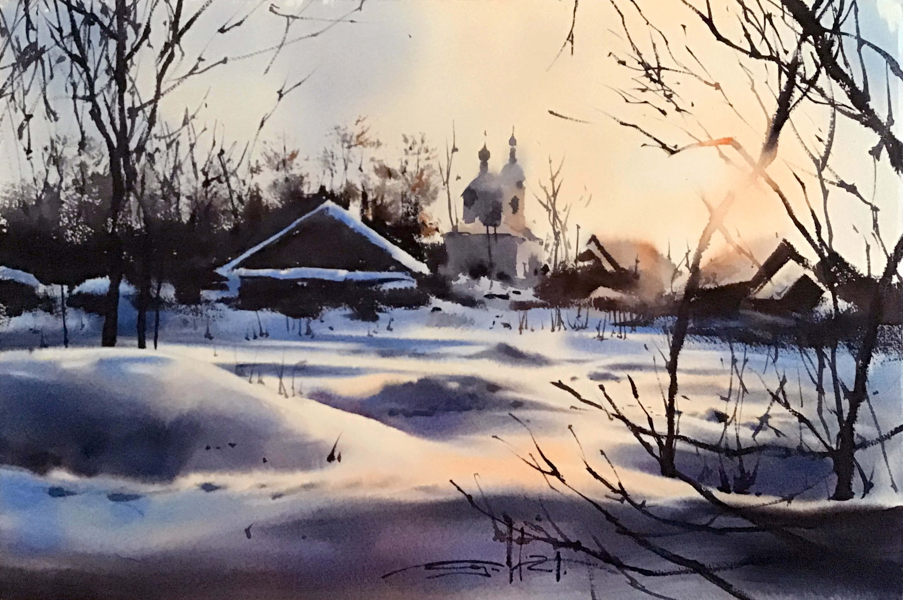 Winter landscape painting by Micheal Solovyev painting holidays France.