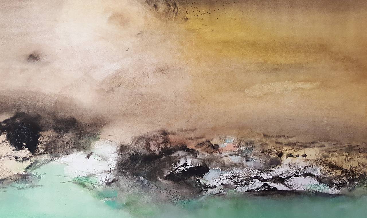 Artwork by French-Vietnamese artist and tutor Eban. Abstract landscape painting in brown and white tones with a pastel green foreground.