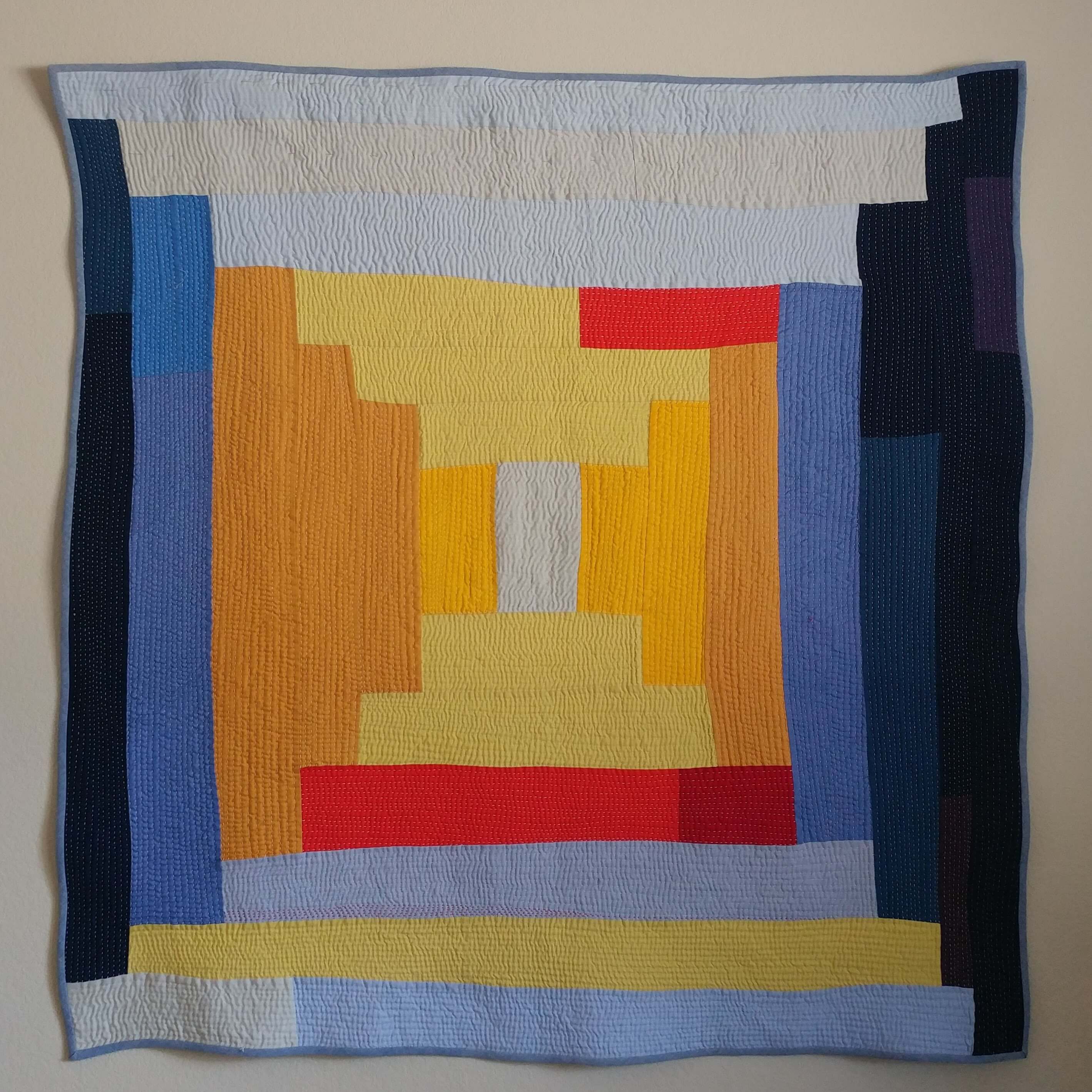 Kawandi quilt Blue and Yellow by Sujata Shah, Makers' Retreats France, Atelier Clos Mirabel.