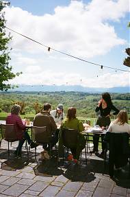 Lunch on the terrace with Writer Molly Wizenberg, tutor at Atelier Clos Mirabel, SW France.
