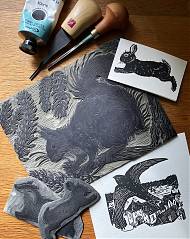 Lino cut carvings, prints and tools by tutor Emily Robertson 