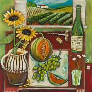 Painting of sunflowers and melon by mixed media tutor Jenny Muncaster.