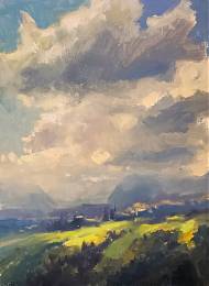 Artwork by Jenny Aitken, oil painting of clouds, and landscape with mountains.