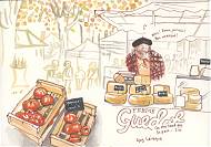 Artist sketch by Róisín Curé - market scene with man and cheese.