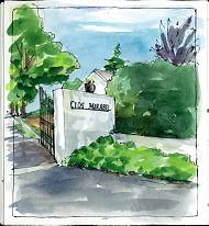 Painted illustration of the entrance to Clos Mirabel with trees.