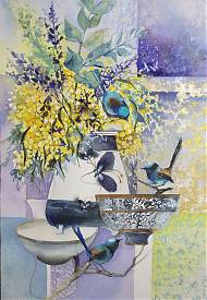 Painting, flowers in vase, bird sitting on bowl.