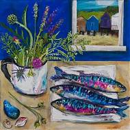 Jenny Muncaster painting holidays France - three fish and flowers - still life composition.