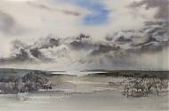 Landscape painting in grey tones by artist and painting holidays tutor Jude Scott.