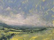 Painting of green fields,landscape scene by painting holidays tutor Peter Keegan.