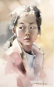 Painting of young asian girl in watercolour by artist and tutor Micheal Solovyev, Clos Mirabel painting holidays.