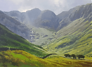 Art Work by artist and tutor Jenny Aitken. Landscape painting of valley with mountains in background.