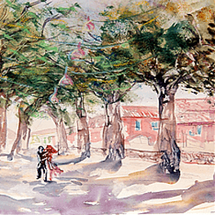 Artwork by artist Varvara Neiman, couple dancing in the shade of trees.