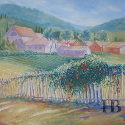 Artwork Neiman fence, red flowers and houses in background.
