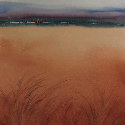 Watercolour landscape painting of field in orange tones by artist by Jude Scott.