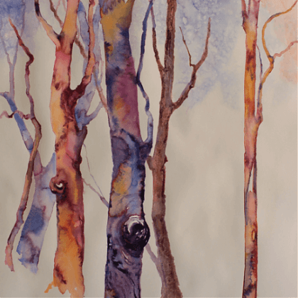 Watercolour painting of five trees by Jude Scott.