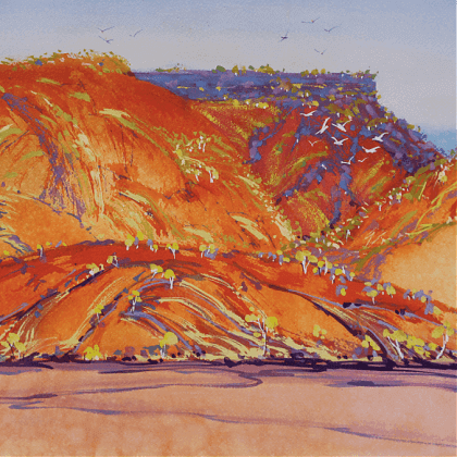 Orange coloured mountains painting by Australian artist Jude Scott.