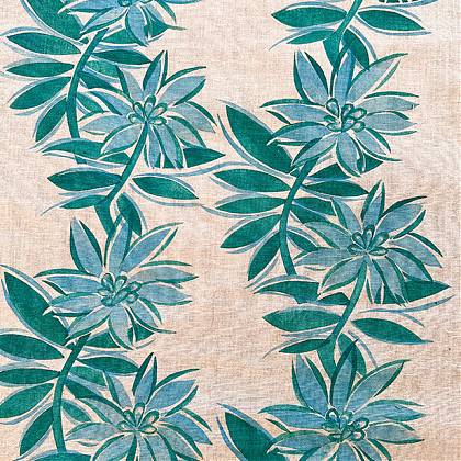 Blue and green leaf and flower stencil repeat by Pauline Greuell.