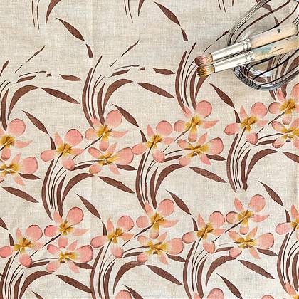 Pink petals and brown leaves stencil print repeat by Pauline Greuell.
