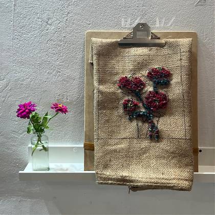 Student artwork floral inspired design, rug hooking with Graham Hollick.